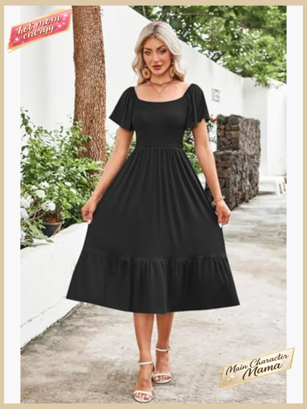 Square Neck Smocked Midi Dress Flutter Sleeve Empire Waist Summer Casual - Picture 3 of 7